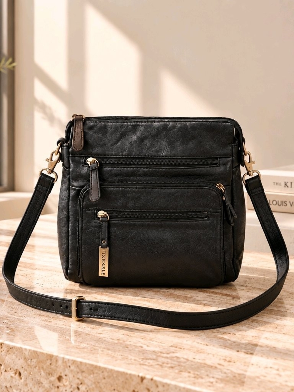 Vintage Aurielle Black Leather Organizer Shoulder Bag Crossbody